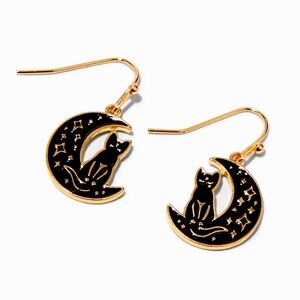Black Cat Gold Crescent Moon 0.5" Drop Earrings - NWT